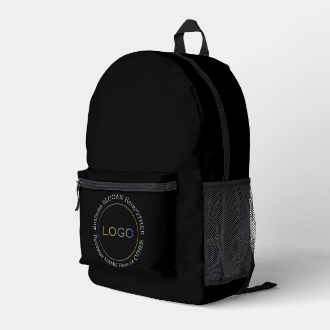 Name des Firmenlogos Slogan Mitte Vorderseite Schw Bedruckter Rucksack (Rückseitige Ecke Rechts)