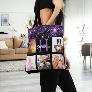 Name des Fotos der Collage des lila Glitzer Tasche