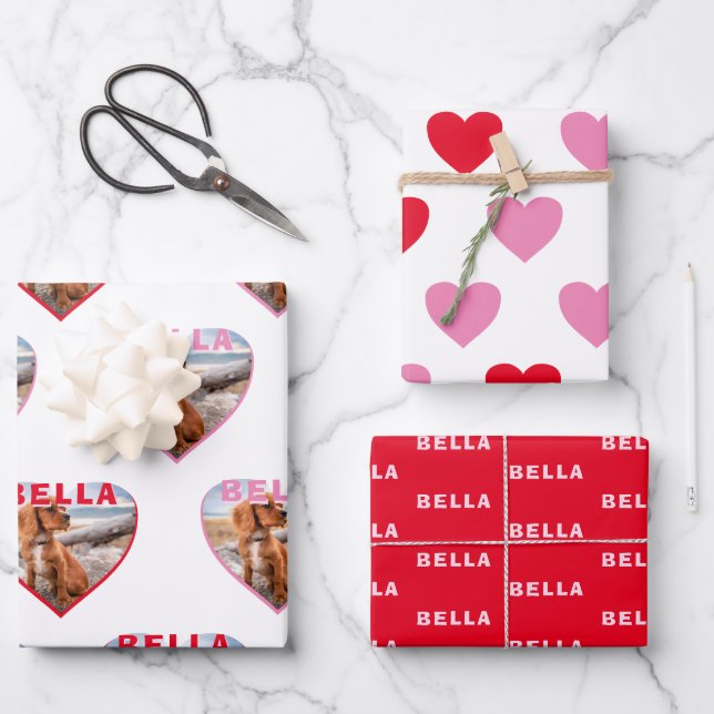 Name des Fotos Rosa Herz Pet Geschenkpapier Set (Vorderseite)