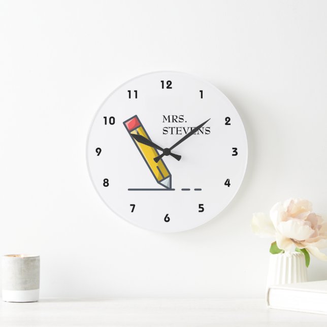 Name des Gelben Bleistift-Lehrers Große Wanduhr (Zuhause)