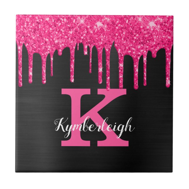Name des Girl Black Hot Pink Glitzer Tropfen Monog Fliese (Vorderseite)