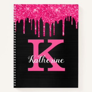 Name des Girl Black Hot Pink Glitzer Tropfen Monog Notizbuch