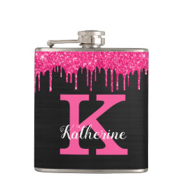 Name des Girl Black Hot Pink-Glitzer-Tropfens Mono Flachmann