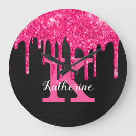 Name des Girl Black Hot Pink-Glitzer-Tropfens Mono Große Wanduhr