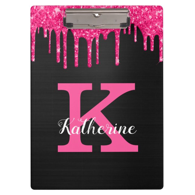 Name des Girl Black Hot Pink-Glitzer-Tropfens Mono Klemmbrett (Vorderseite)