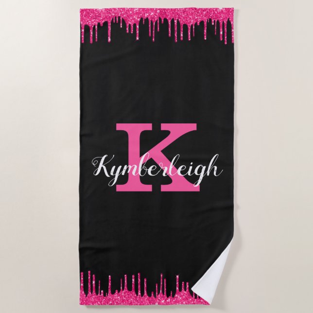 Name des Girl Black Hot Pink-Glitzer-Tropfens Mono Strandtuch (Vorderseite)