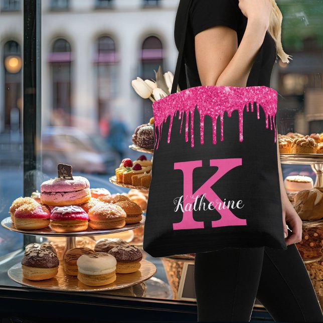 Name des Girl Black Hot Pink-Glitzer-Tropfens Mono Tasche (Von Creator hochgeladen)