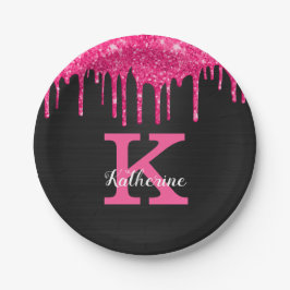 Name des Girl Hot Pink Black Glitzer Tropfen Monog Pappteller
