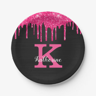 Name des Girl Hot Pink Black Glitzer Tropfen Monog Pappteller