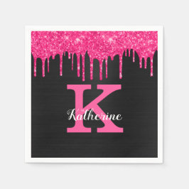 Name des Girl Hot Pink Black Glitzer Tropfen Monog Serviette