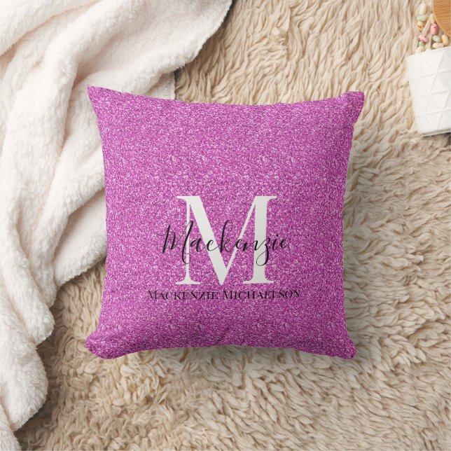 Name des Girl-Hot-Pink-Glitzer Monogramm Kissen (Decke)