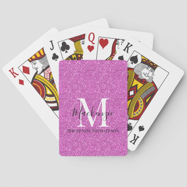 Name des Girl-Hot-Pink-Glitzer Monogramm Spielkarten (Rückseite)