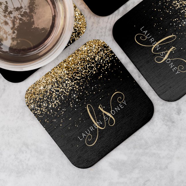Name des Gold Glitzer Glam Monogram Rechteckiger Pappuntersetzer (Von Creator hochgeladen)
