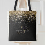 Name des Gold Glitzer Glam Monogram Tasche<br><div class="desc">Glam Gold Glitter Elegant Monogram Tote Bag. Easily personalize this trendy chic tote bag design featuring elegant gold sparg glitter on black background. The design feys your handwritten script monogram with pretty swirls and your name.</div>