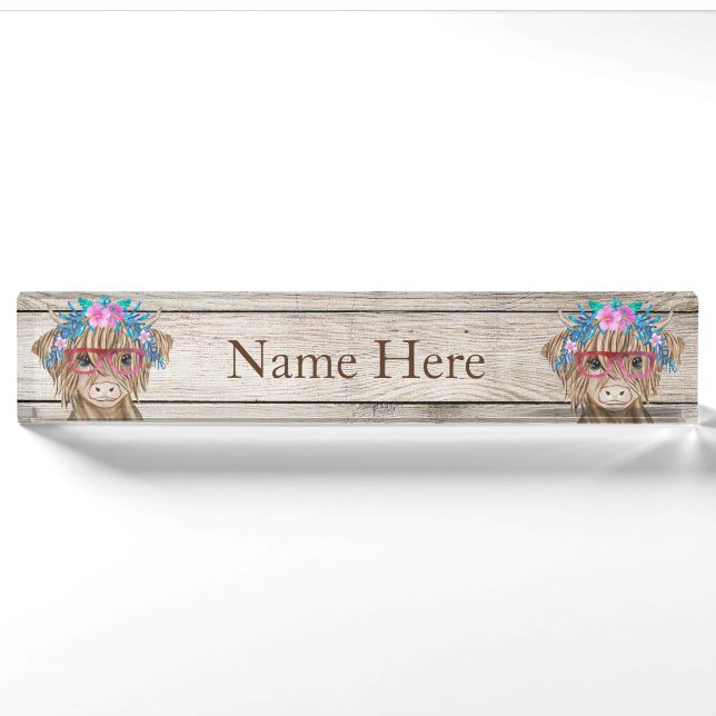 Name des Highland Cow Country Desk Plate Namensplakette (Vorderseite)