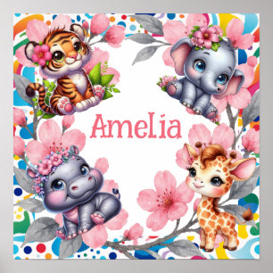Name des Kindes & Florale Baby-Dschungeltiere-Nurs Poster