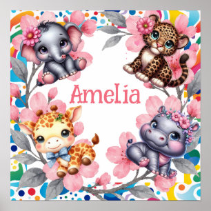 Name des Kindes & Florale Baby-Dschungeltiere-Nurs Poster
