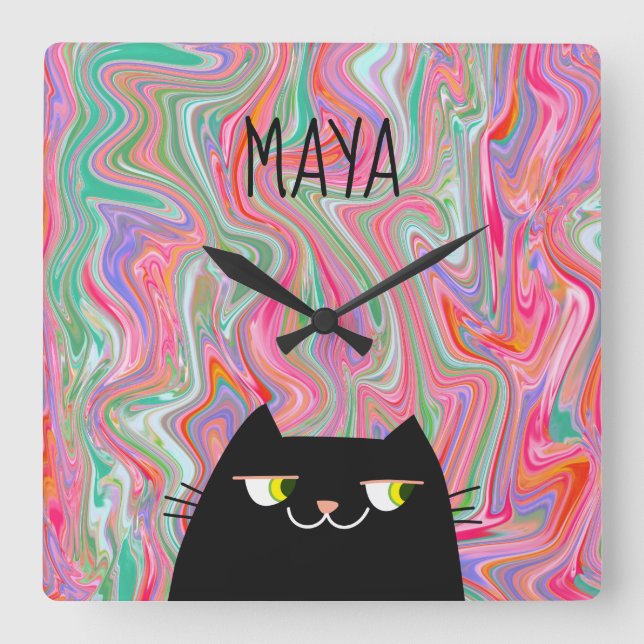Name des Künstlerischen Musters für Schwarze Katze Quadratische Wanduhr (Vorderseite)