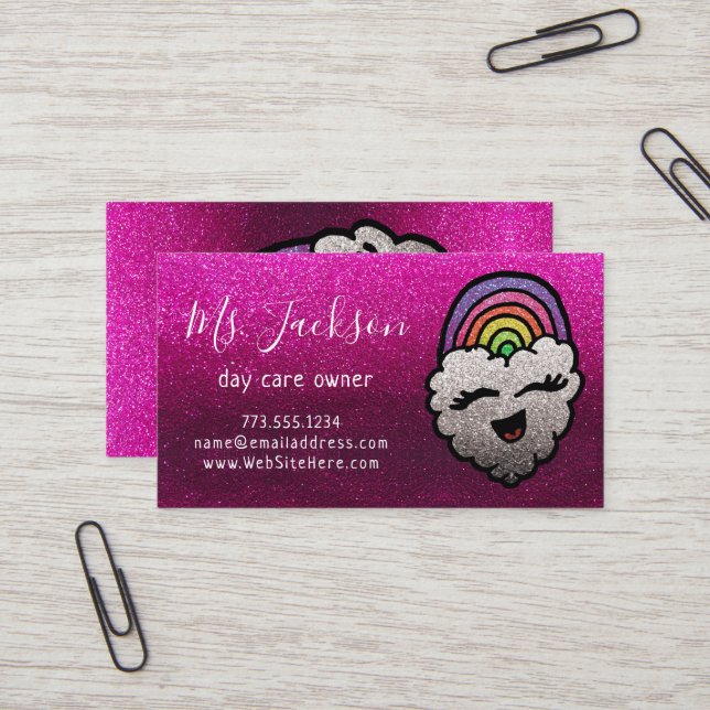 Name des Lehrers Rainbow Glitzer Herz Cloud Kinder Visitenkarte (Vorderseite/Rückseite Beispiel)
