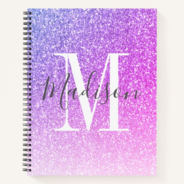 Name des Lila Glitzer des Girl-Rosa-Monogramms Notizbuch (Vorderseite)
