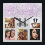 Name des lila Glitzer-Fotos Quadratische Wanduhr<br><div class="desc">Ein einzigartiges Geschenk oder eine Leckerei für sich selbst, die ihr/ihr Leben mit einer Collage von 5 eigenen Fotos, Bildern feiert. Personalisieren und fügen Sie einen Monogrammbuchstaben hinzu. Ein helles Imitat silber metallisch aussehender Hintergrund. Grauer und schwarzer Text. Dekoriert mit lila Imitaten Glitzer Staub. Der Name ist mit einem modernen...</div>