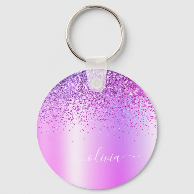 Name des lila Glitzer Glam Metal Monogram Schlüsselanhänger (Vorderseite)