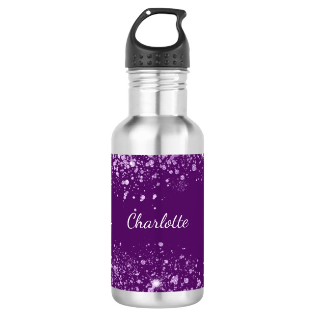 Name des lila Glitzer Monogramm Edelstahlflasche (Vorderseite)