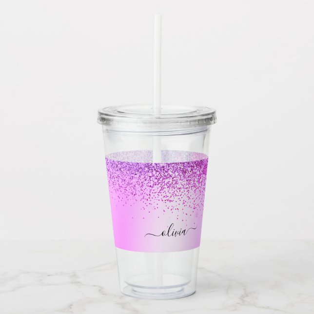 Name des lila Glitzer Sparkle Glam Metal Monogram Acryltrinkbecher (Vorderseite)