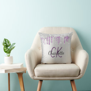 Name des lila Glitzer Tropfen Monogramm Kissen
