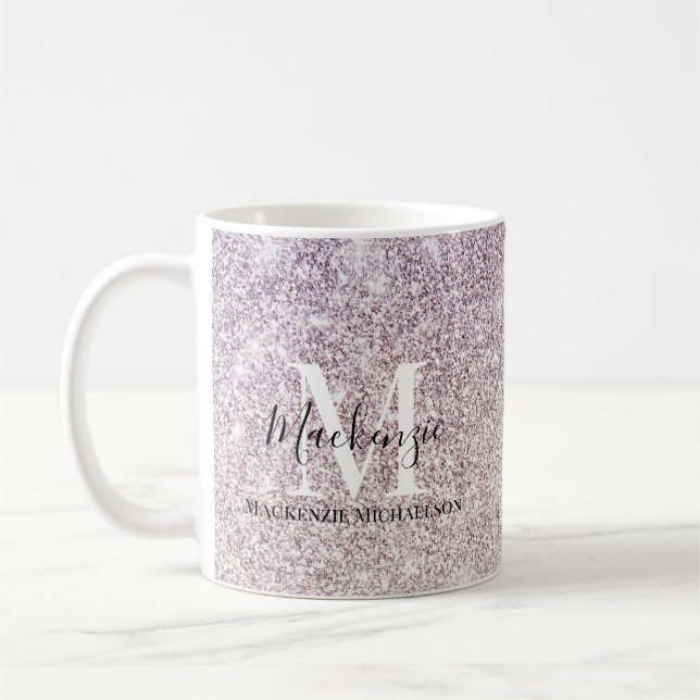 Name des Lila, rosa Ombre-Glitzer Monogram Kaffeetasse (Links)