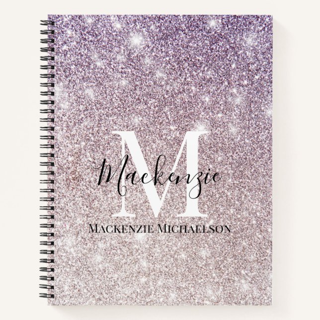 Name des Lila, rosa Ombre-Glitzer Monogram Notizbuch (Vorderseite)