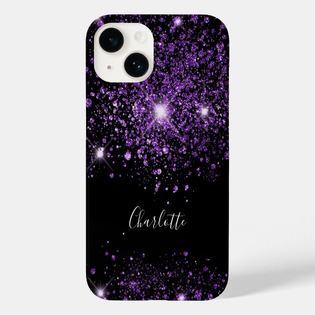 Name des lila schwarzen Glitzer Case-Mate iPhone 14 Hülle (Rückseite)