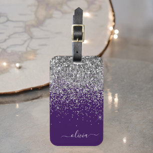 Name des lila Silver Glitzer Girl Monogram Gepäckanhänger