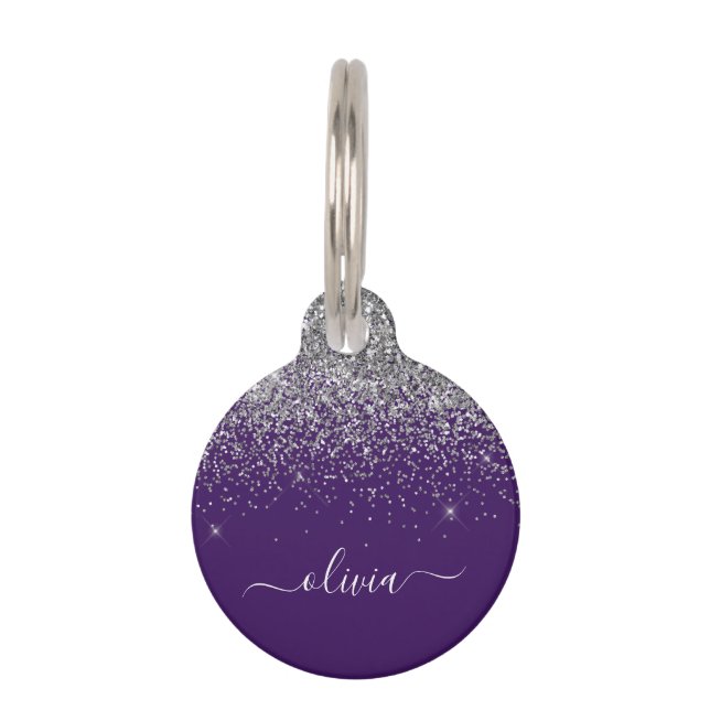 Name des lila Silver Glitzer Girl Monogram Haustiermarke (Vorderseite)