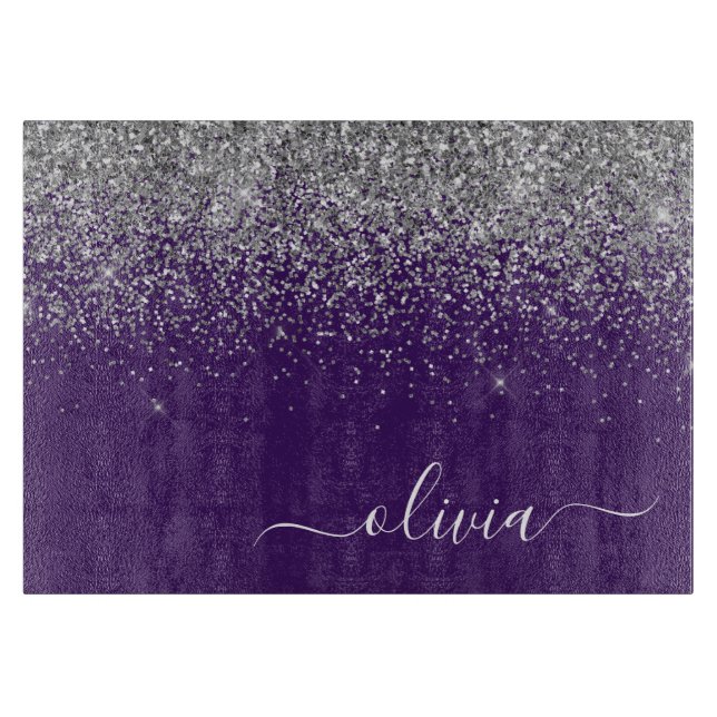 Name des lila Silver Glitzer Girl Monogram Schneidebrett (Vorderseite)