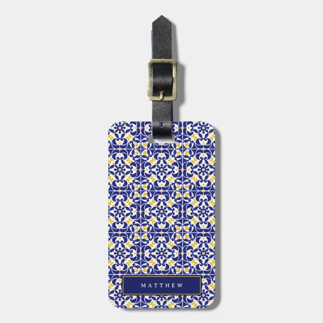 Name des mediterranen Fliesen Blau und Gelb Gepäckanhänger (Vorderseite vertikal)