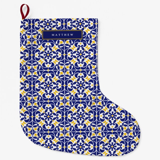 Name des mediterranen Fliesen Blau und Gelb Großer Weihnachtsstrumpf (Vorderseite)