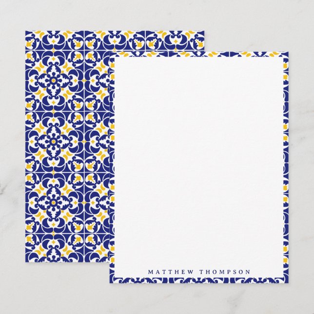 Name des mediterranen Fliesen Blau und Gelb Mitteilungskarte (Vorne/Hinten)