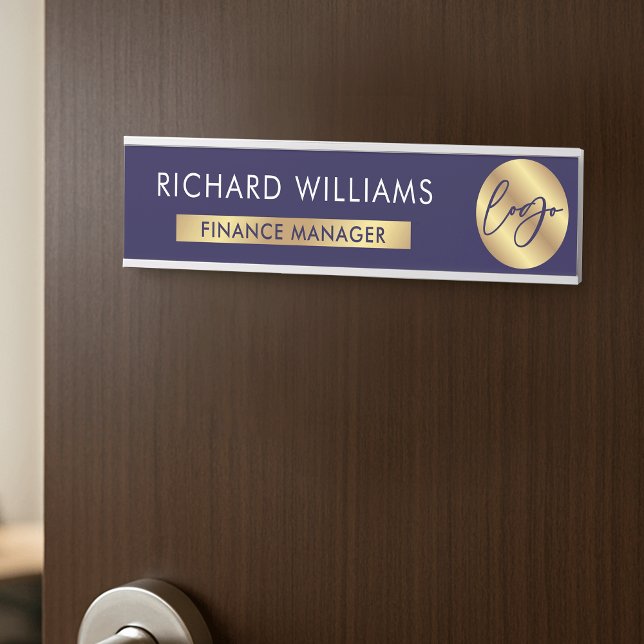 Name des Mitarbeiters des Unternehmens Navy & Gold Türschild (Navy blue and gold effect corporate door sign with your logo, name and job title)