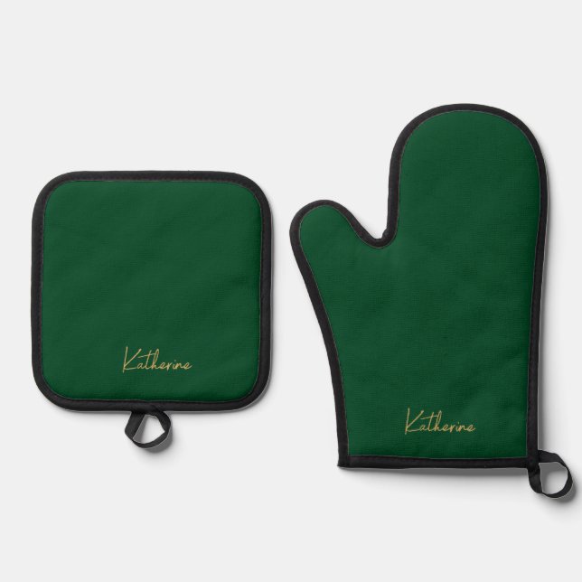 Name des modernen Forest Green & Gold Script Ofenhandschuh & Topflappen-Set (Vorderseite)