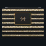 Name des modernen Glitzer iPad Pro Hülle<br><div class="desc">Persönlicher moderner Glitzer Ipad pro Fall. Schwarze Streifen auf goldenem Hintergrund und Monogramm und Name.</div>