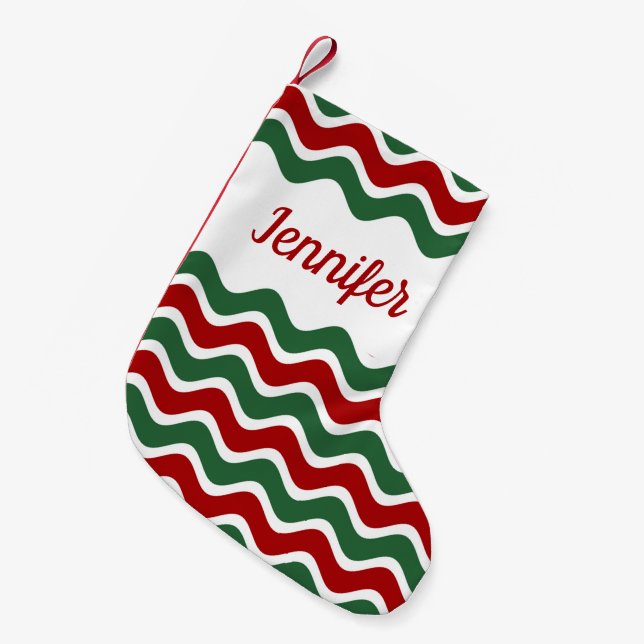 Name des modernen roten grünen Streifen Kleiner Weihnachtsstrumpf (Vorderansicht (hängend))