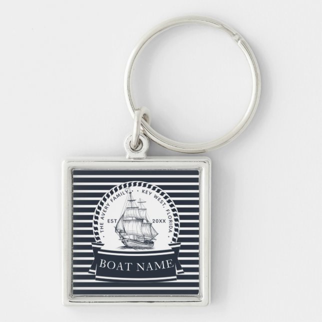 Name des modernen Schiffes Navy Blue Nautic Schlüsselanhänger (Vorne)