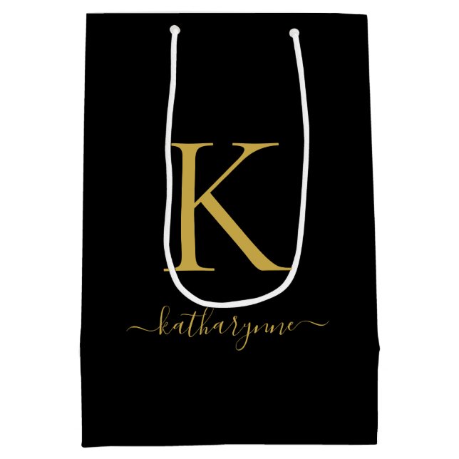 Name des modernen schwarzen Monogram-Skripts Mittlere Geschenktüte (Rückseite)