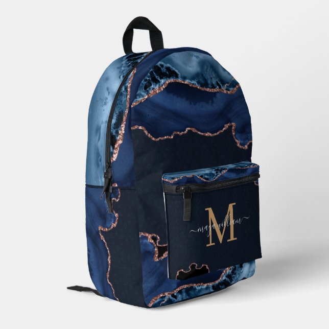 Name des Monogram-Skripts für Navy Blue Gold Agate Bedruckter Rucksack (Rückseitige Ecke links)