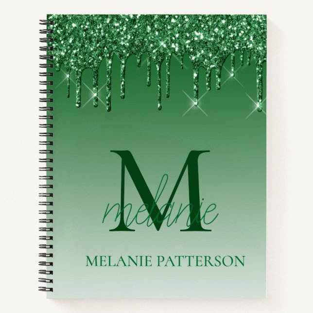 Name des Monogram-Tropfens für grünen Sparkle-Glit Notizbuch (Vorderseite)