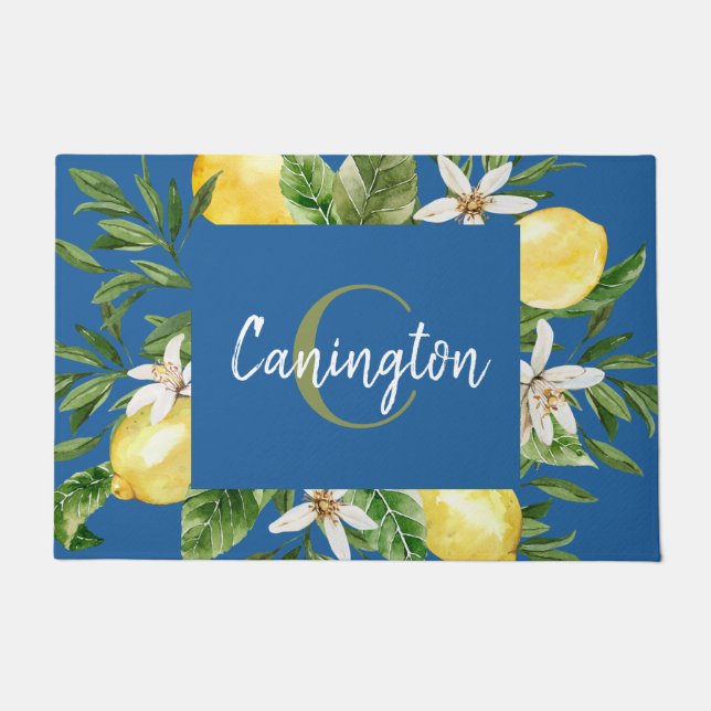 Name des Monogrammes Blue & Lemon Median Begrüßung Fußmatte (Vorderseite)