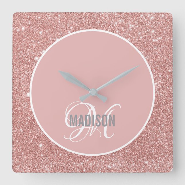 Name des Monogrammes des modernen Rosa-Glitzer Quadratische Wanduhr (Vorderseite)