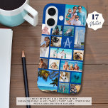 Name des Monogrammes für Foto Collage 17 Fotos Bla iPhone 16 Hülle<br><div class="desc">Tragen Sie 17 Ihrer Lieblings-Fotos auf diesem individuellen Farbhandy-Gehäuse mit einer Foto-Collage verschiedener Formen und Größen und personalisiert mit Ihrem Monogramm und Namen in einem modernen Skript-Schriftart über den ersten (in blau dargestellt). Ändern Sie die Schriftart-Stile und alle Farben in EDIT. TELEFONOPTIONEN: Das Beispiel wird auf dem Apple iPhone 16...</div>