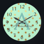 Name des Monogrammes für Minze und Goldfolie Polka Große Wanduhr<br><div class="desc">Die Polka Dots Monogram Name und die erste servierte Wall-Uhr. Die Wall-Uhr ist das ideale Geschenk für jemanden,  der Minze und Gold Foil Polka Dots Lieben.</div>